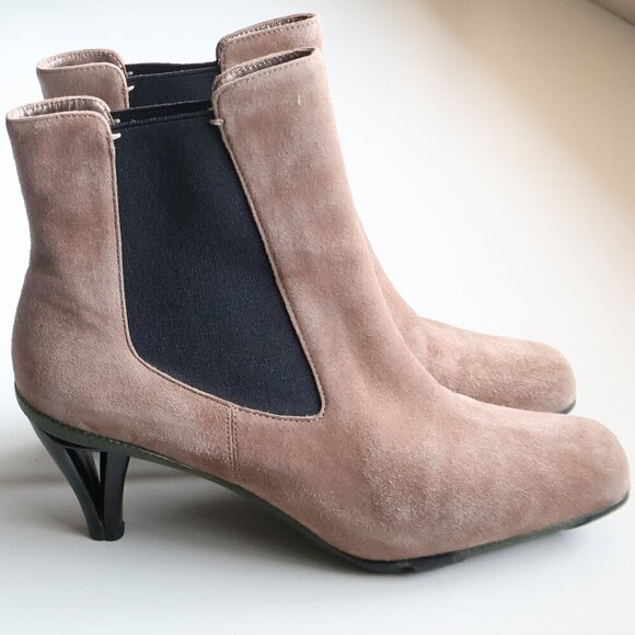 Asgi Beige Suede Leather Square Toe Heeled Chelsea Ankle Boots Booties 7.5 - Picture 2 of 16